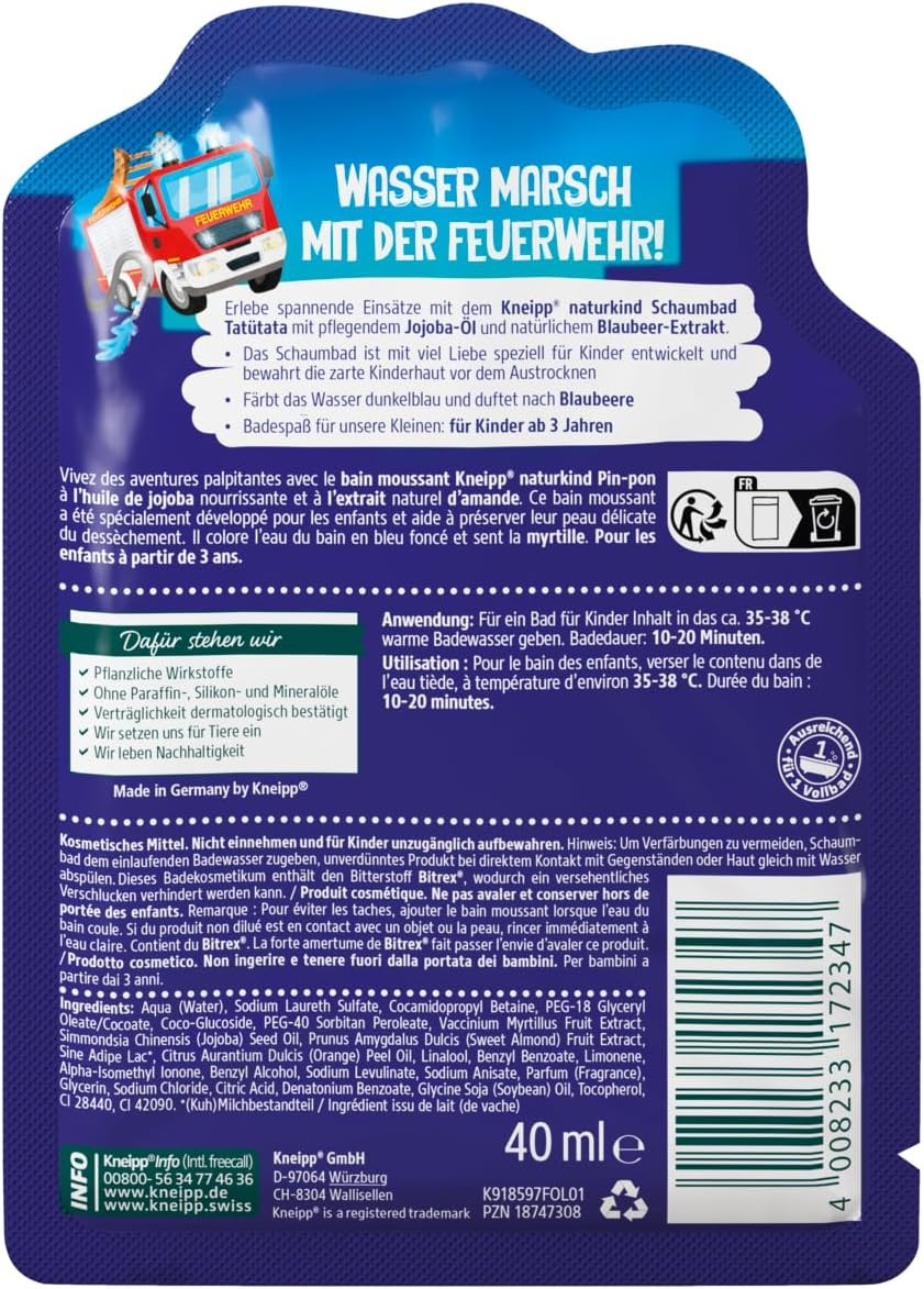 Kneipp Naturkind Bubble Bath Tatã£Â¼Tata, Bath Additive With Nourishing Jojoba Oil And Natural Blueberry Extract For Magic Bath Fun, Fruity Blueberry Fragrance And Blue Water, From 3 Years, 40 Ml