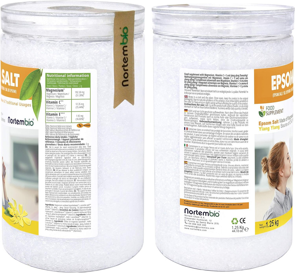 Nortembio Epsom Salt 1.25 Kg For Drinking. Food Grade. Magnesium Sulfate. Organic Ylang Ylang Extract. Source Of Vitamin C And E. Internal Use. Edible. Detox. Health And Well-Being