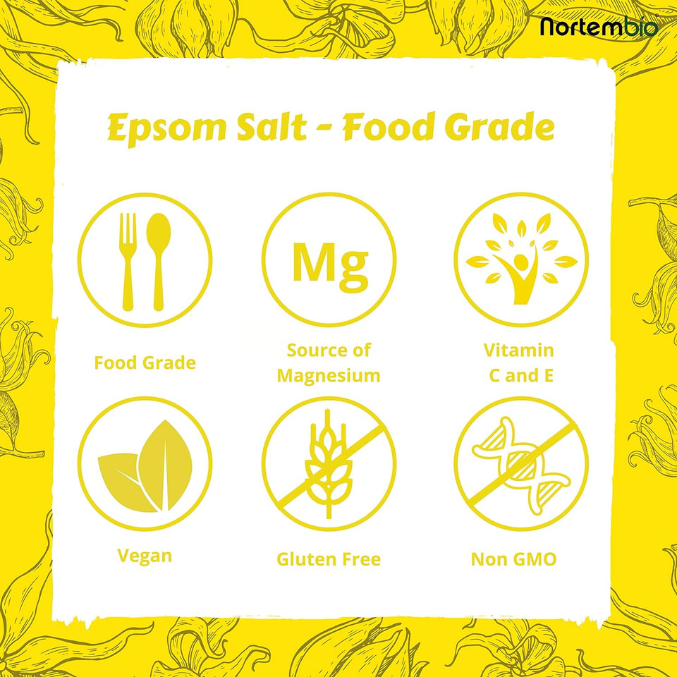 Nortembio Epsom Salt 1.25 Kg For Drinking. Food Grade. Magnesium Sulfate. Organic Ylang Ylang Extract. Source Of Vitamin C And E. Internal Use. Edible. Detox. Health And Well-Being
