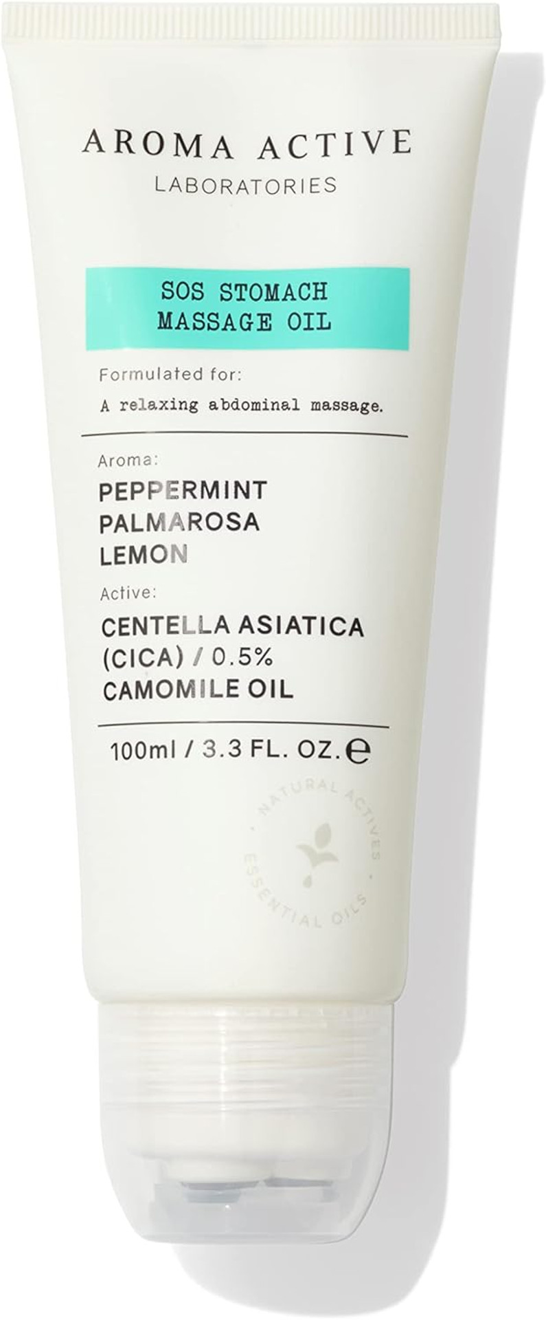 AROMA ACTIVE LABORATORIES SOS Stomach Massage Oil 100ml - Ease discomfort, Calm Turbulent, Cooling, Helps Take Down Bloated Tums, Ballooning, Cramps, Camomile, Centella asiatica, Metal applicator