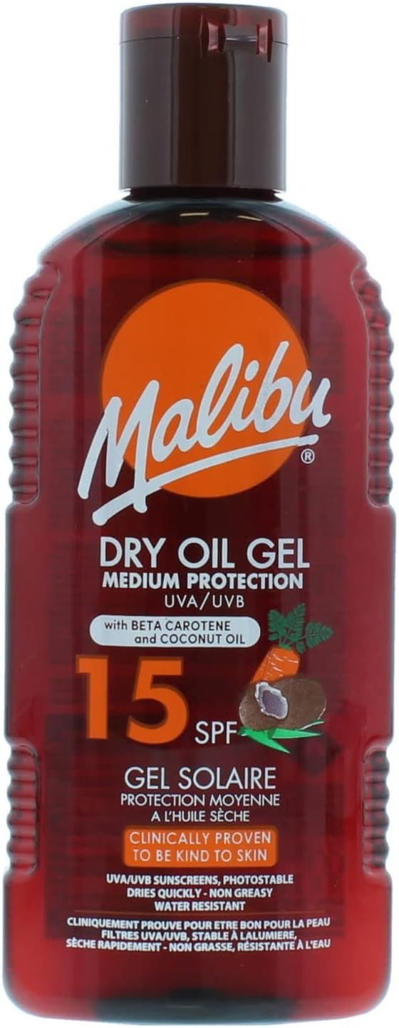 Malibu Sun Spf 15 Non-Greasy Dry Oil Gel With Beta Carotene And Coconut Oil, Water Resistant, 200Ml