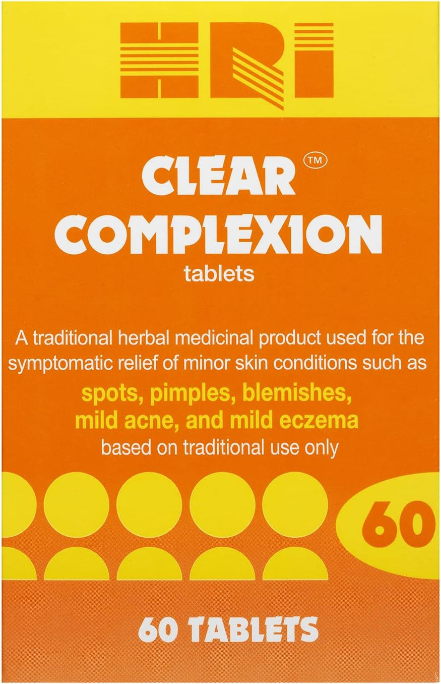 HRI Clear Complexion 60 Tablets - for Symptomatic Relief of Minor Skin Conditions Such as Spots, Pimples, Blemishes, Mild Acne, Mild Eczema. 1 Pack