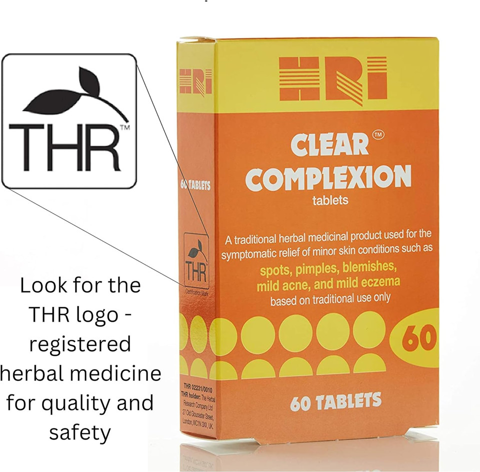 HRI Clear Complexion 60 Tablets - for Symptomatic Relief of Minor Skin Conditions Such as Spots, Pimples, Blemishes, Mild Acne, Mild Eczema. 1 Pack