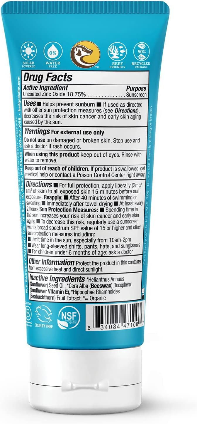 Badger Sunscreen Cream Clear Zinc, Organic Ingredients, Easy Application And Lightweight, Spf 30, Unscented, 87Ml