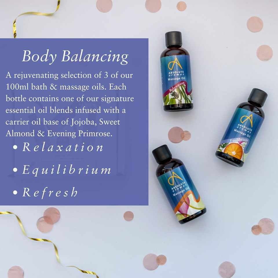 Absolute Aromas Balancing Bath & Massage Oil - 3 x 100ml in Glass Bottles - Equilibrium, Relaxation and Refresh Massage Oils