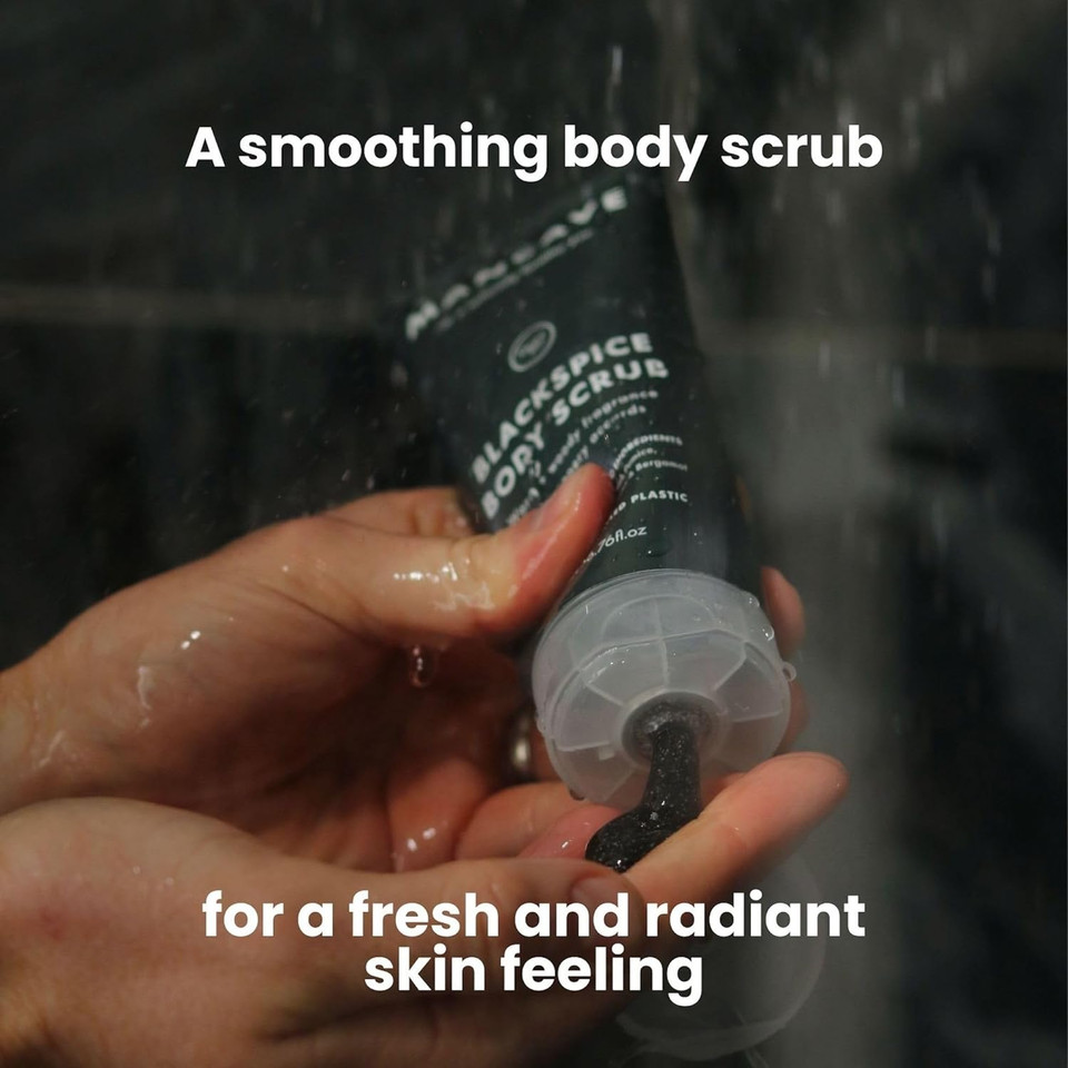ManCave Blackspice Body Scrub 200ml for Men, Warm & Woody Aroma, Exfoliate & Cleanse Skin with Pumice and Charcoal Powder Scrub, Natural Formulation, Vegan Friendly, Made in England