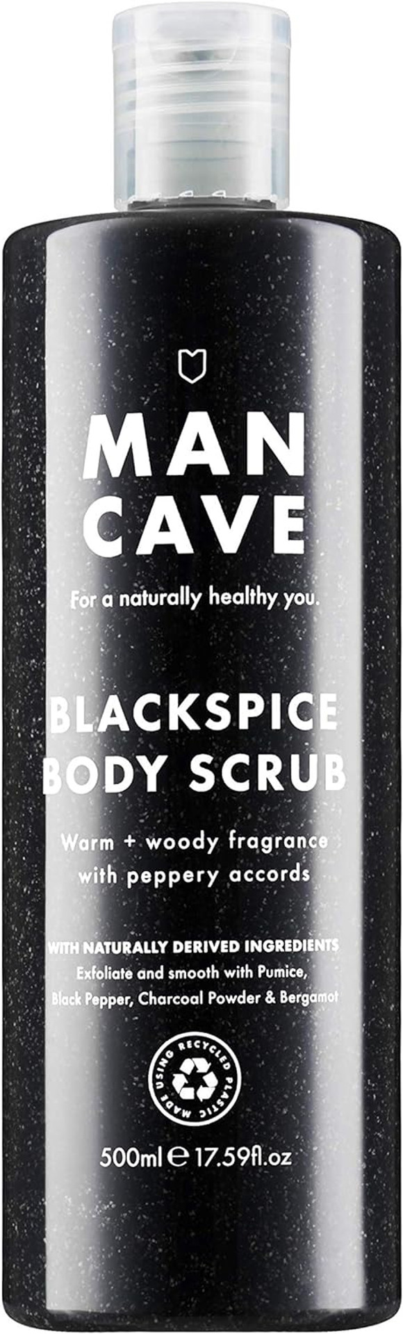ManCave Blackspice Body Scrub 500ml for Men, Warm & Woody Aroma, Exfoliate & Cleanse Skin with Pumice and Charcoal Powder Scrub, Natural Formulation, Vegan Friendly, Made in England
