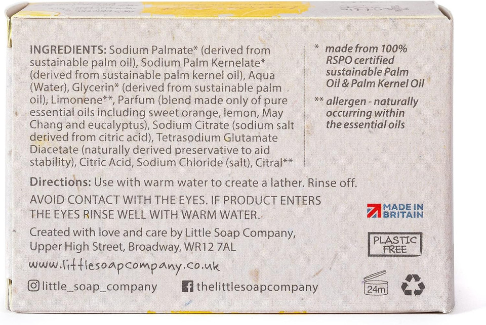 Little Soap Company Naturals Range - Bar Soap | Vegan, Cruelty Free, No SLS or Parabens, Refreshing Cleansing Soap bar, Natural Eco Friendly Body & Hand Soap, 100g (Lemon Zest)