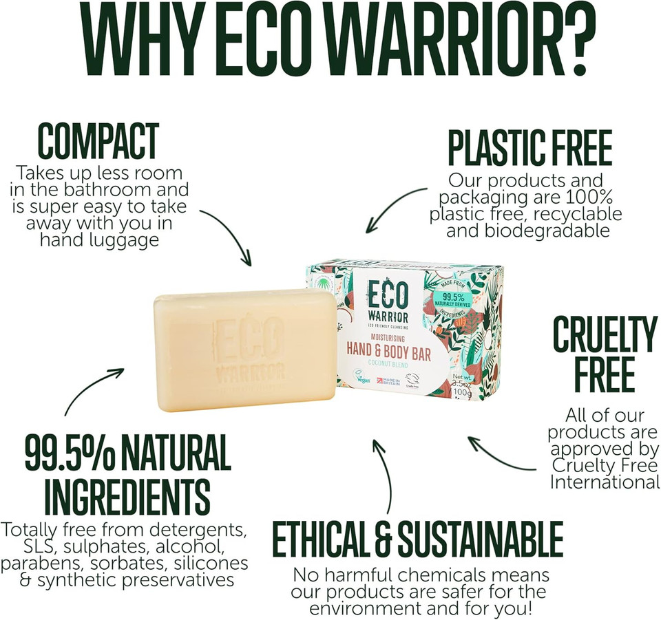 Eco Warrior Moisturising Body & Hand Soap Bar-Vegan, Cruelty Free, No SLS or Parabens, Richly Nourishing Coconut Blend and Pure Essential Oils including Vanilla-Natural, Eco Friendly Bar of Soap, 100g Eco Warrior Moisturising Body & Hand Soap Bar-Vegan, Cruelty Free, No SLS or Parabens, Richly Nourishing Coconut Blend and Pure Essential Oils including Vanilla-Natural, Eco Friendly Bar of Soap, 100g