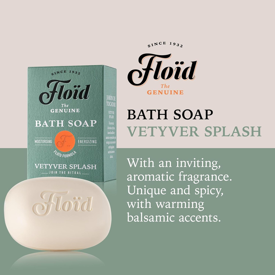 Floid Vetyver Splash Bath Soap, 100% Vegetable Bath Soap Bar Enriched with Nourishing Lecithin, Shea Butter, and Sesame Oil to Protect Skin, Leaving it Soft and Supple