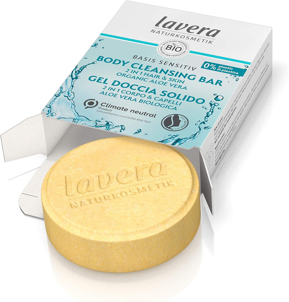 Lavera Solid Shower 2 In 1 Basis Sensitiv Hydro Feeling - With Organic Aloe Vera And Plant Keratin - Cleans Without Drying Out - 3X More Productive Than Liquid Shower Gel - Natural Cosmetics - 50G