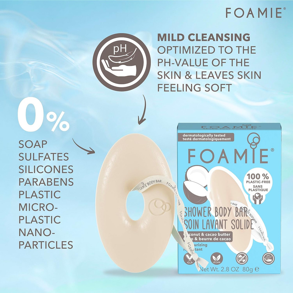 Foamie Shower Body Bar, Coconut & Cacao Butter. Plastic-Free, Soap-Free, No Sulphates Or Parabens. Made Sustainably In The Uk. 100% Vegan And Cruelty Free. Environmentally Friendly Solution