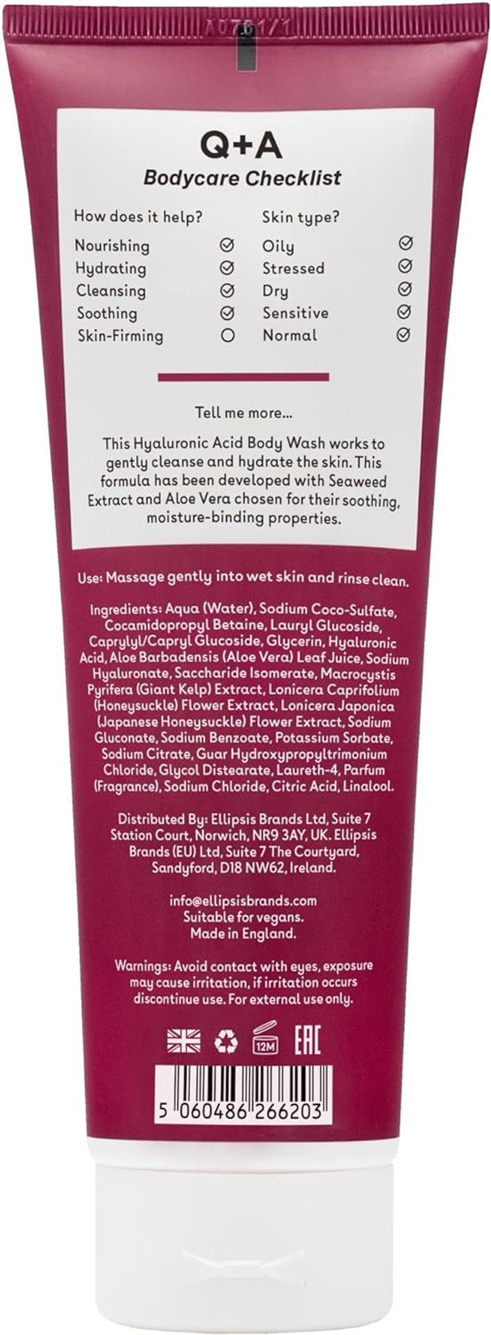 Q+A Hyaluronic Acid Body Wash For Nourishing Body Care, A Blend Of Hyaluronic Acid, Giant Kelp Extract And Saccharide Isomerate, And A Fresh Apple And Avocado Scent 250Ml