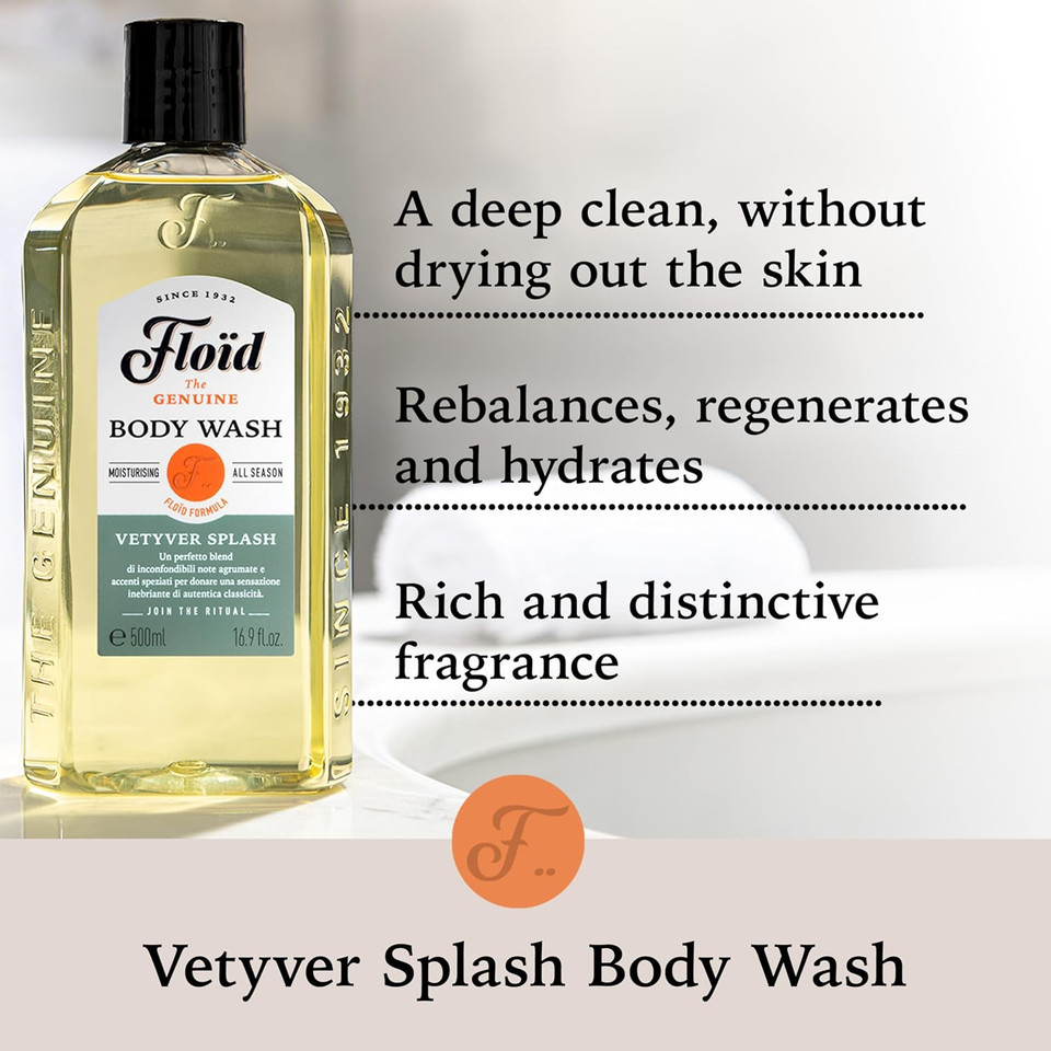 Floid Vetyver Splash Body Wash (500ml), Men's Body Wash Cleanses, Moisturises, and Purifies Skin without Drying it Out, Nourishing Skin Care with an Unmistakable Scent