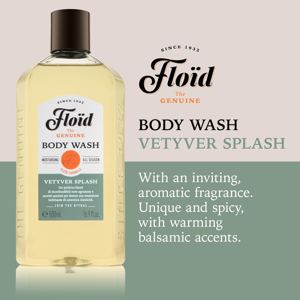Floid Vetyver Splash Body Wash (500ml), Men's Body Wash Cleanses, Moisturises, and Purifies Skin without Drying it Out, Nourishing Skin Care with an Unmistakable Scent