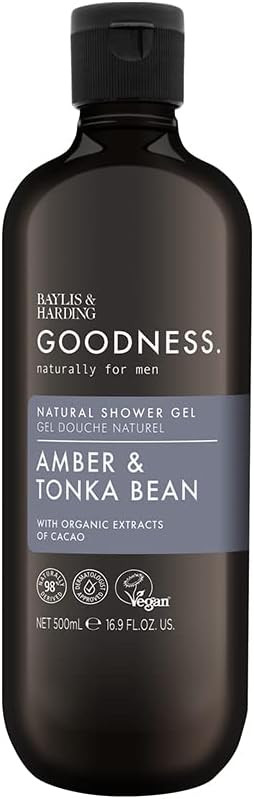 Baylis & Harding Goodness Men'S Amber & Tonka Bean Natural Shower Gel, 500 Ml (Pack Of 3) - Vegan Friendly
