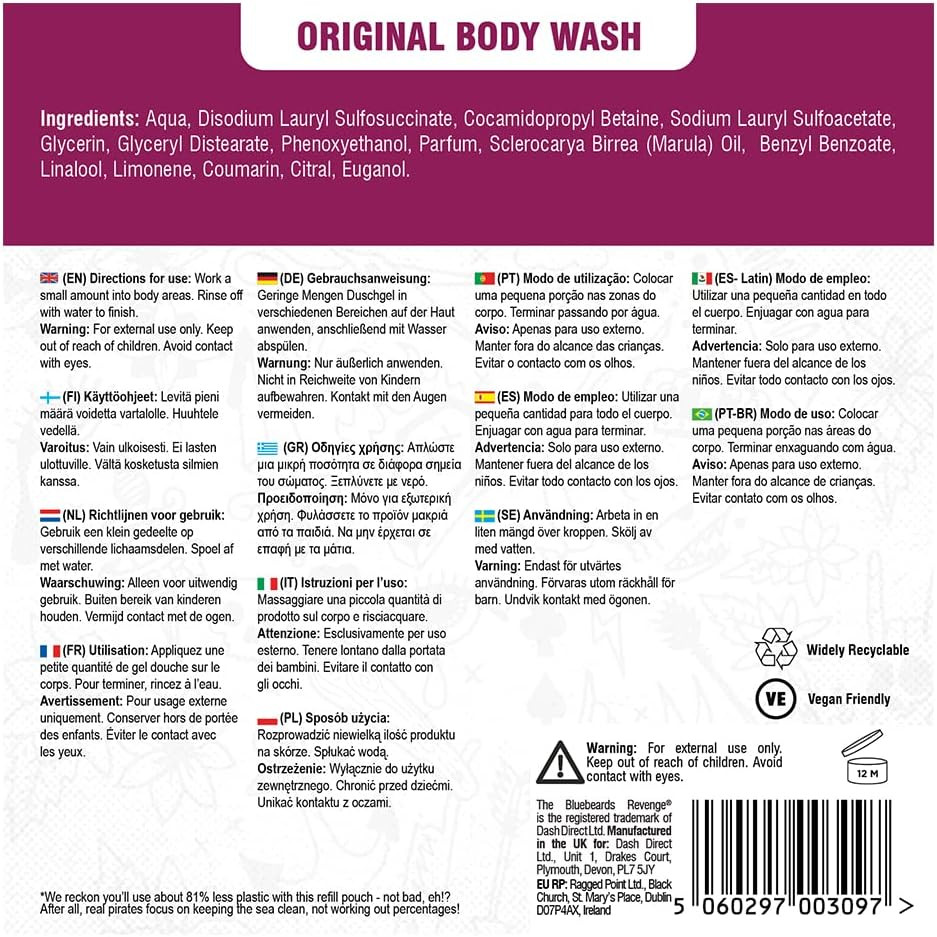 The Bluebeards Revenge Original Body Wash Refill Pouch Low Waste Vegan Friendly Moisturising Body Wash 1 Litre