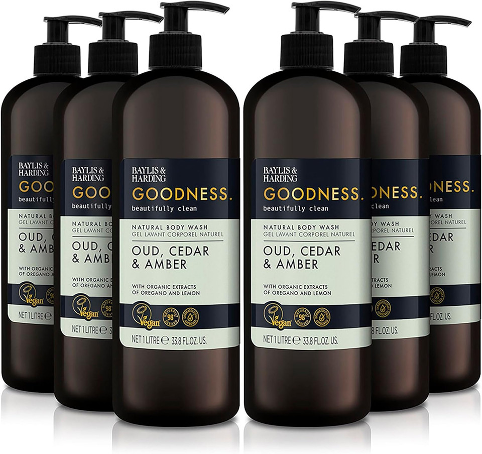 Baylis & Harding Goodness Oud, Cedar & Amber Body Wash, 1 Litre (Pack Of 6) - Vegan Friendly