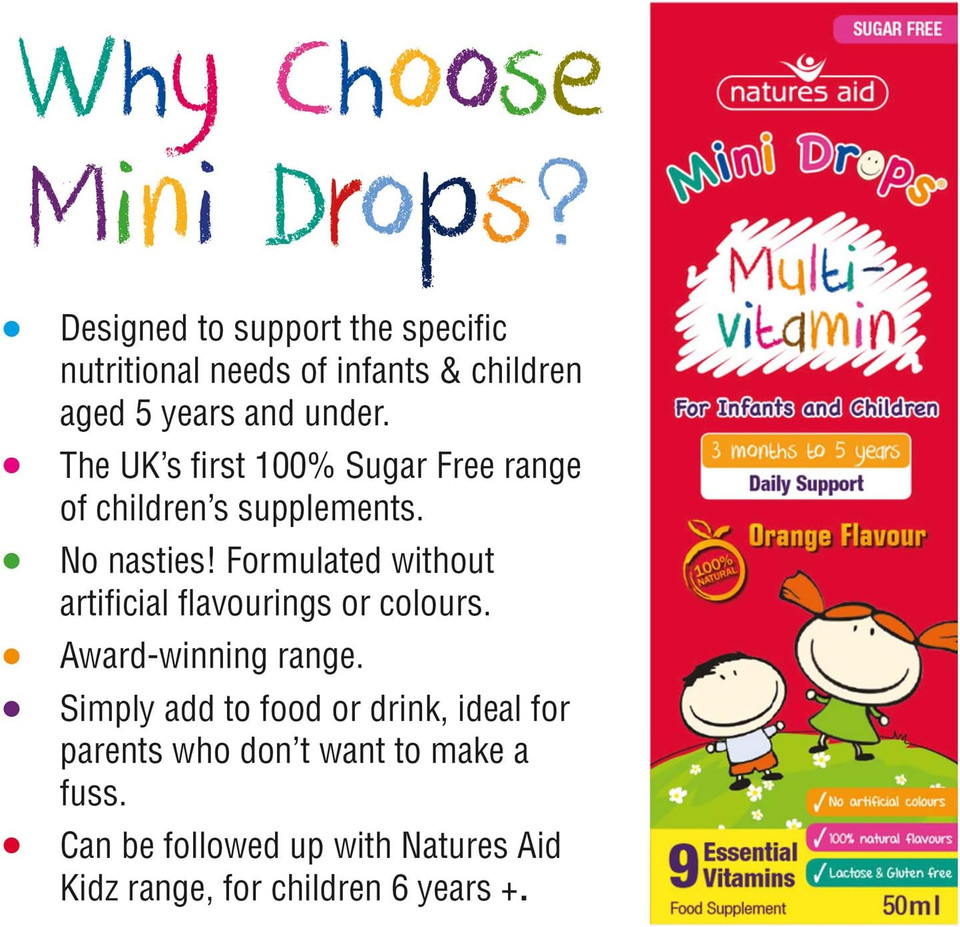 Natures Aid Mini Drops Multi-Vitamin For Infants And Children, Sugar Free, 50 Ml