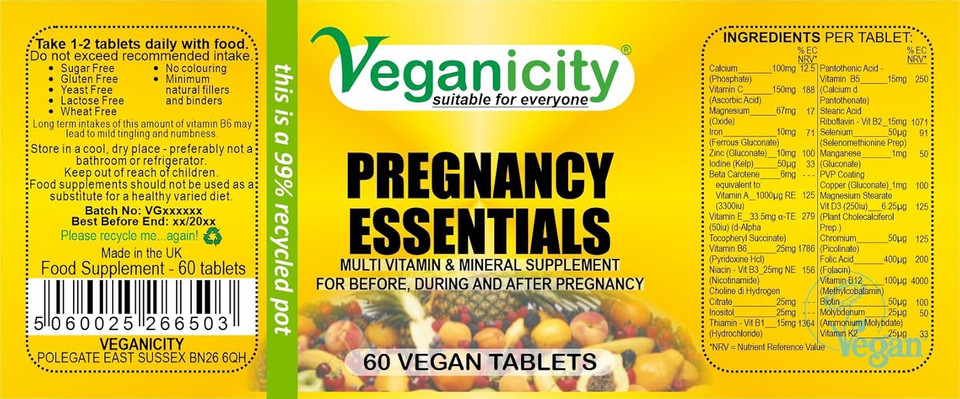 Veganicity Pregnancy Essentials Multivitamin : Women's Health Supplement : 60 Tablets, in a Planet-Friendly 99% Recycled Pot