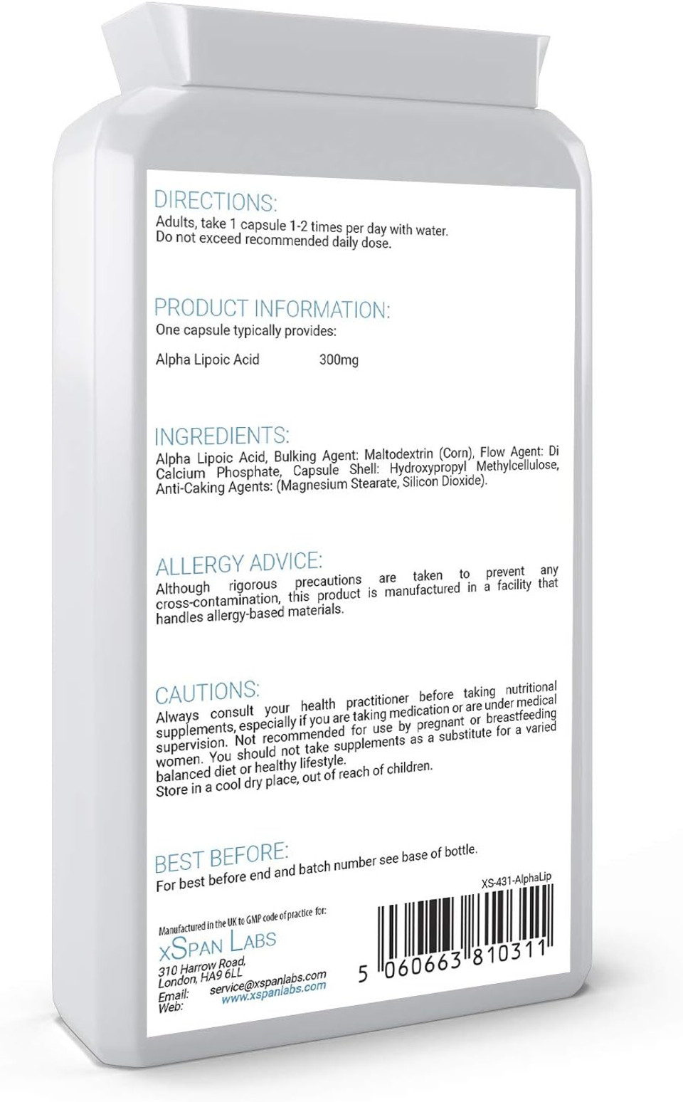 Alpha Lipoic Acid 300Mg 120 Capsules  Dual Ala (Both R-Ala And S-Ala)  A Uk Manufactured Powerful Antioxidant