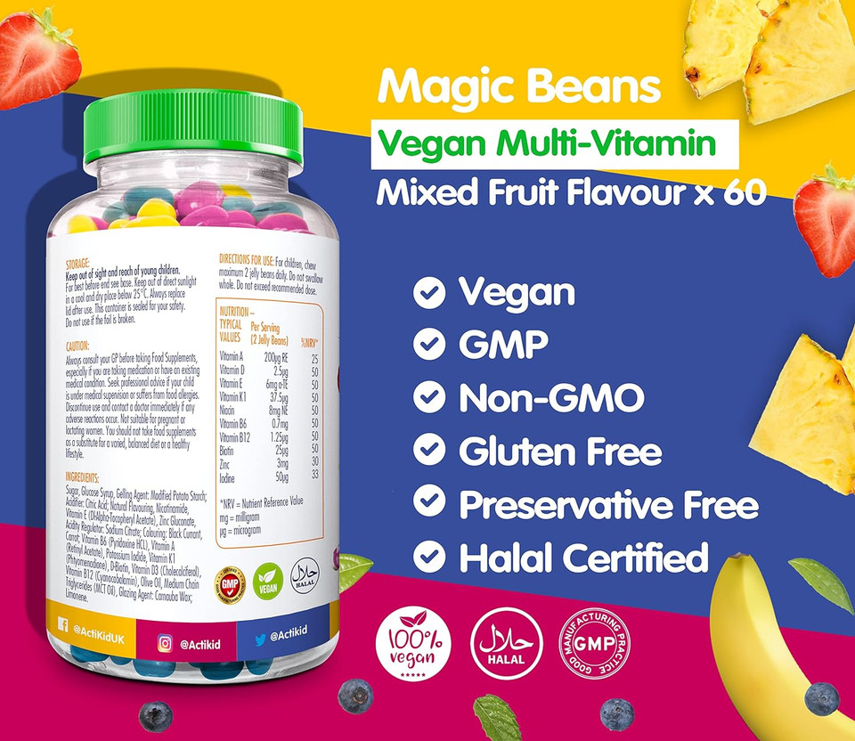 Actikid Magic Beans 60X Mixed Fruit Flavour | Kids Vitamins | Kids Multivitamin | Childrens Vitamins | Blueberry | Red Berries | Tropical Twist | Gelatine Free | Immunity Booster| Vegan Actikid Magic Beans 60X Mixed Fruit Flavour | Kids Vitamins | Kids Multivitamin | Childrens Vitamins | Blueberry | Red Berries | Tropical Twist | Gelatine Free | Immunity Booster| Vegan