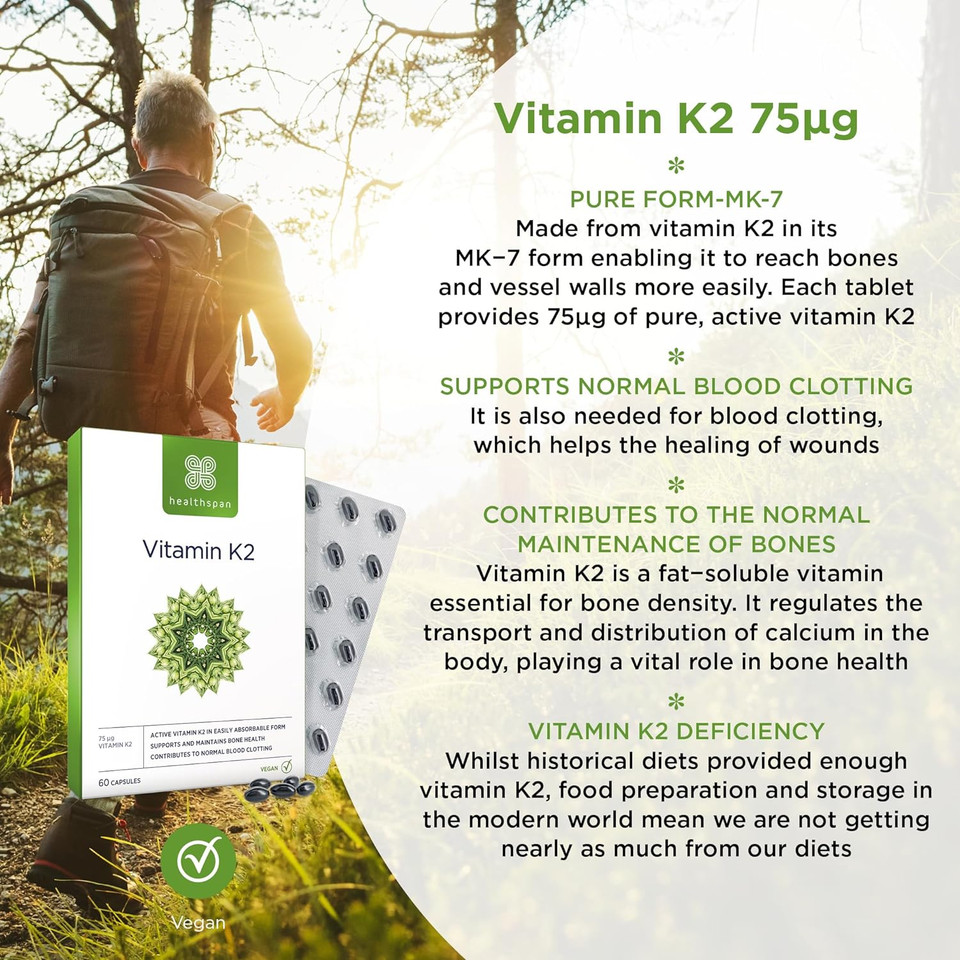Healthspan Vitamin K2 75µg | 60 Capsules | Bone & Blood Health | Purest & Most Active Form | Vegan