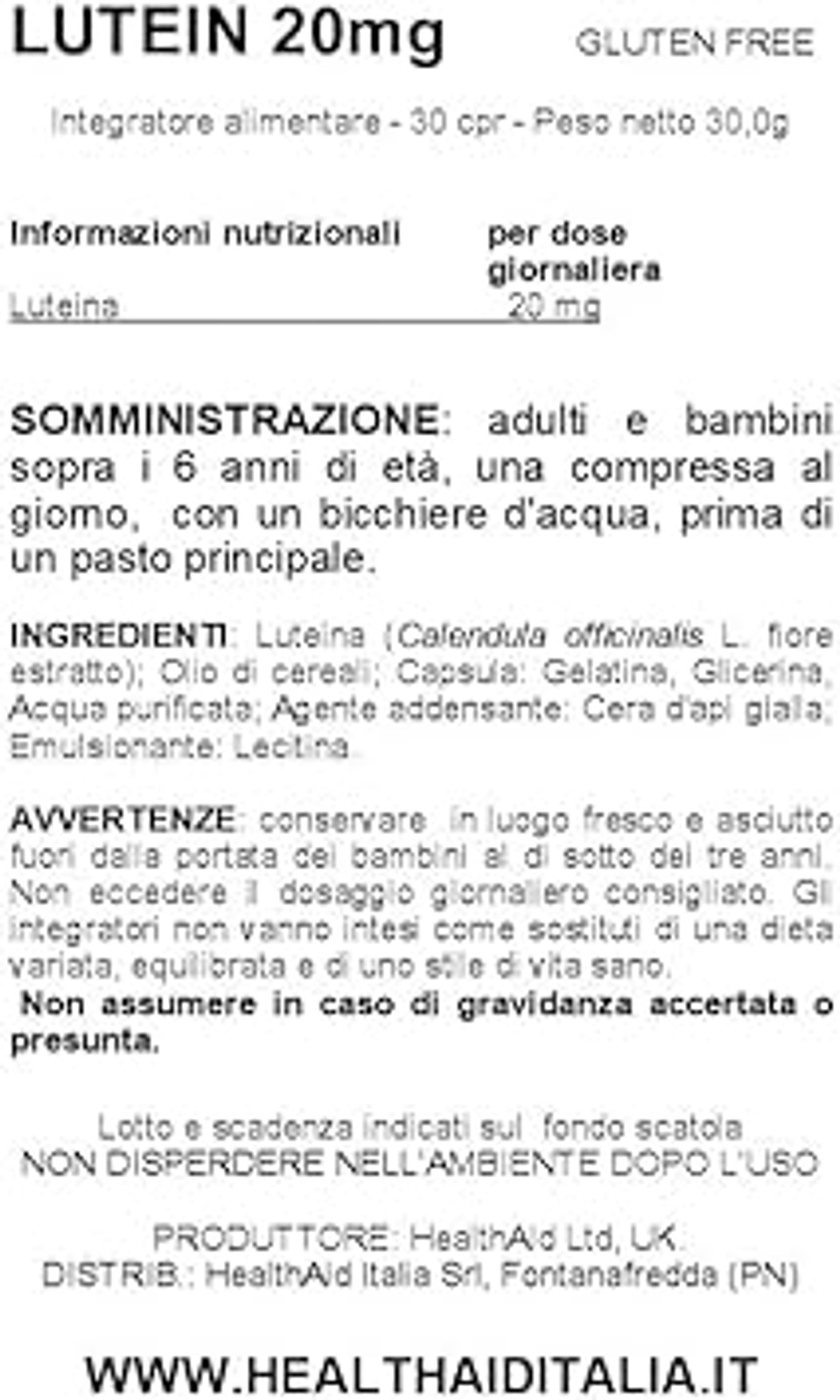 HealthAid Lutein 20mg - Carotenoid - 30 Vegan Tablets 803165