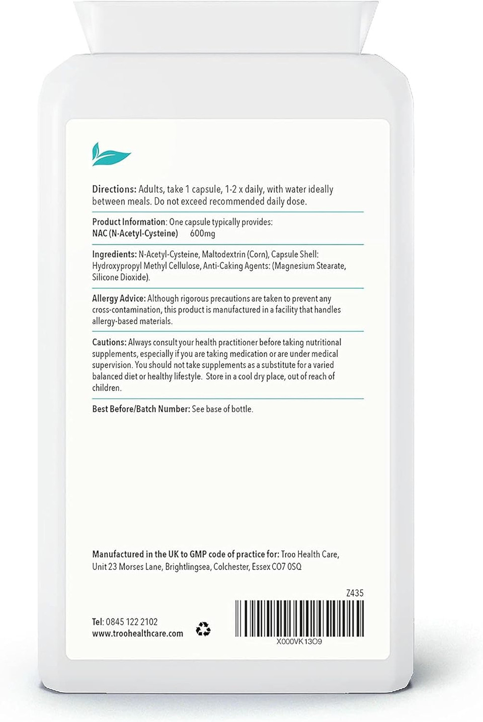 Troo Nac Supplement 600Mg - 120 Capsules - N Acetyl Cysteine Amino Acid Providing Non Toxic Stable Form Of L-Cysteine - Uk Manufactured To Gmp Standards