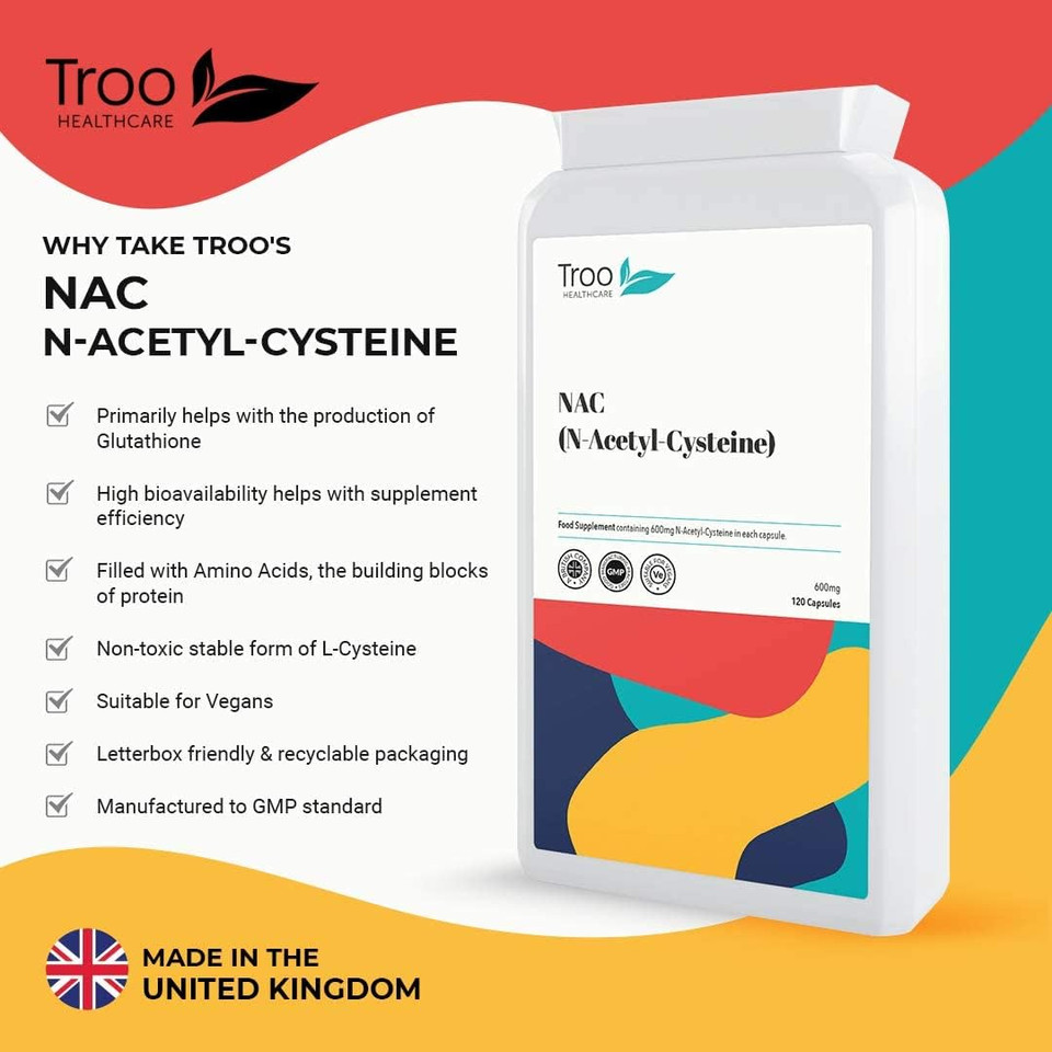 Troo Nac Supplement 600Mg - 120 Capsules - N Acetyl Cysteine Amino Acid Providing Non Toxic Stable Form Of L-Cysteine - Uk Manufactured To Gmp Standards