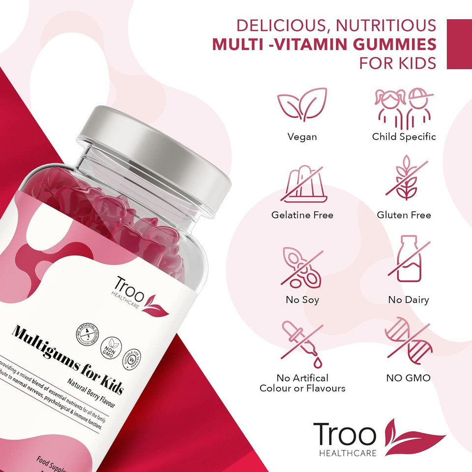 Multigums For Kids - 150 Natural Berry Flavour Multivitamin & Mineral Chewable Gummies For Children - Includes Vitamins A, B3, B5, B6, B12, C, D2, E, Biotin, Folic Acid & Zinc