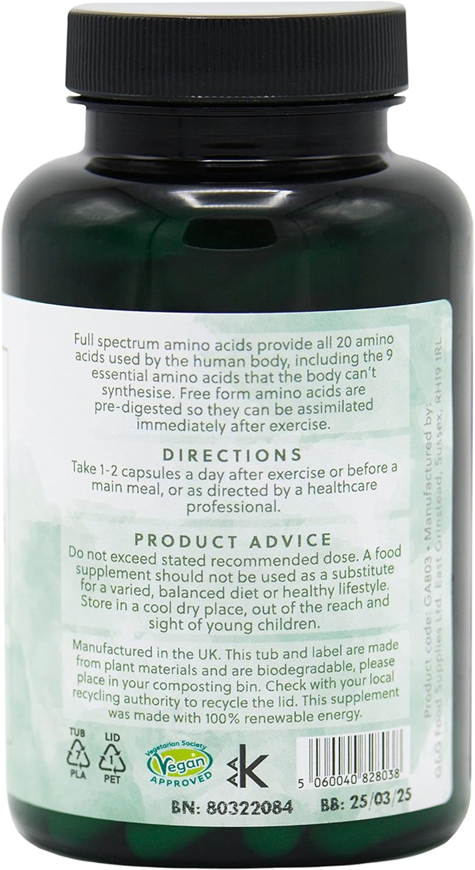 Full Spectrum Amino Acids Capsules | BCAA | Free Form Amino Acids | 120 Vegan Capsules | G&G Vitamins- 120 Capsules
