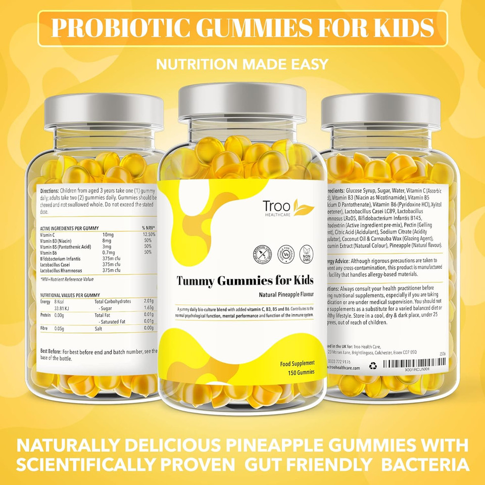 Tummy Gummies Probiotics With Vitamins For Kids & Adults - 150 Natural Pineapple Flavour Active Bacteria Gummies With Vitamin C, B3, B5 And B6 To Support Immune Function And Mental Development