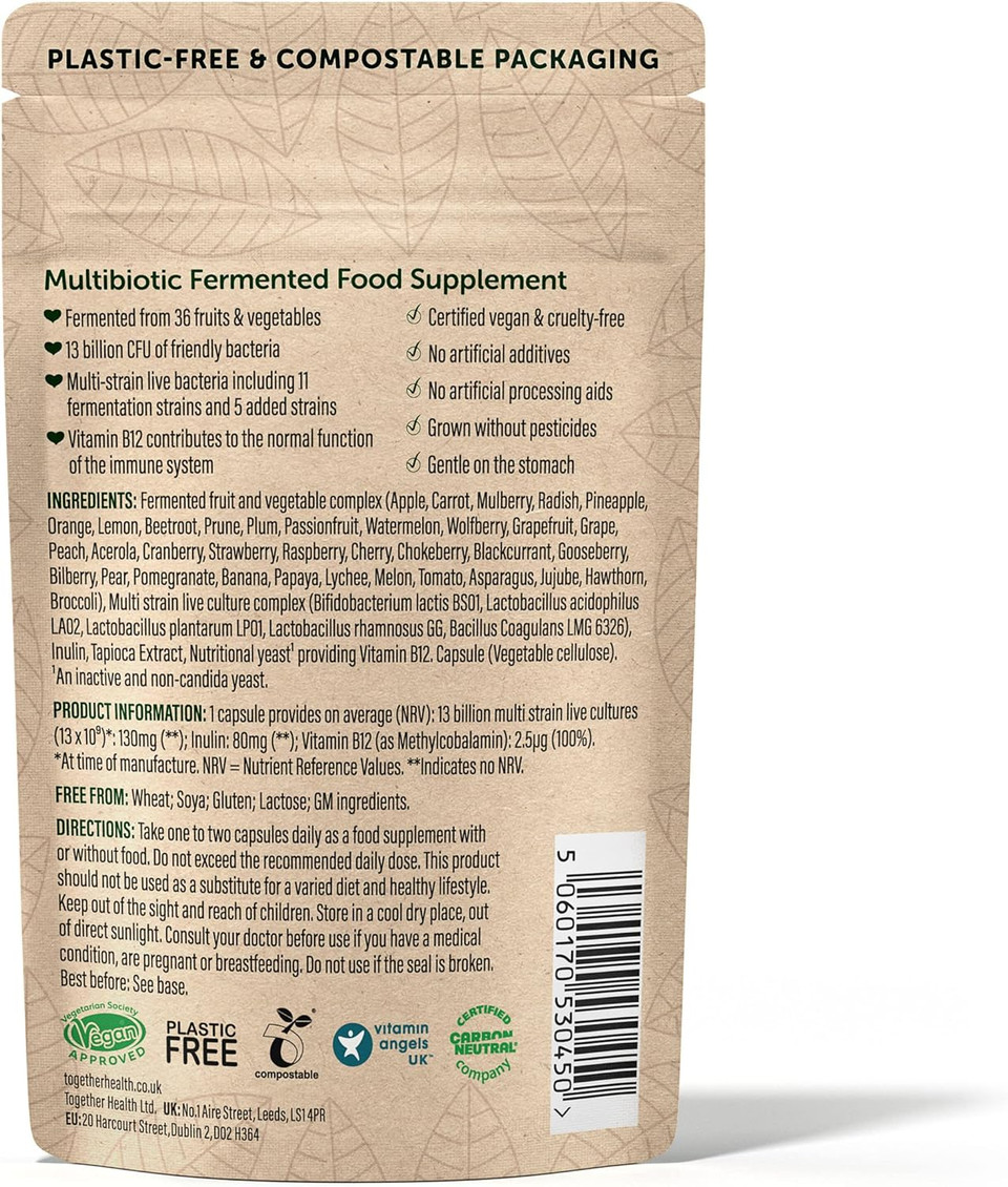 Multibiotic  Together Health  36 Farm-Grown Fermented Foods - Multi Bacterial Strains With 13 Billion Cfu  Vegan Friendly  Made In The Uk  30 Vegecaps
