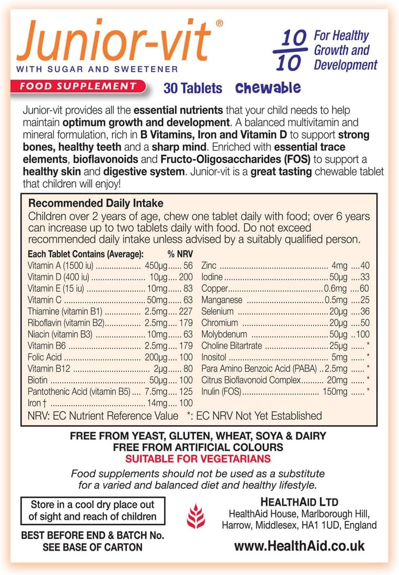 HealthAid Junior-VIT Chewable Multivitamins Pack of 2 x 30 Vegetarian Tablets (60 Tablets)