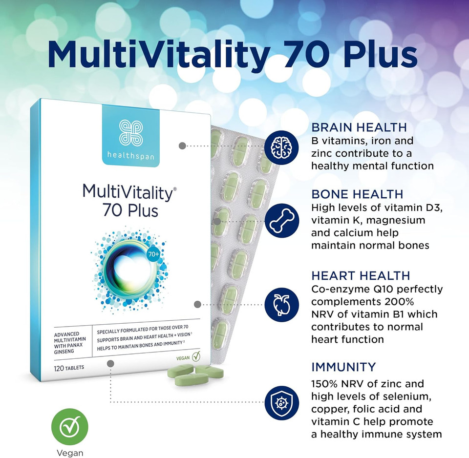 Healthspan Multivitamin 70 Plus | (120 Tablets) | Vitamin C & Vitamin D3 | Brain, Heart, Bone & Immunity Health | Ginseng, Bioflavonoids & Acetyl L-carnitine | Vegan