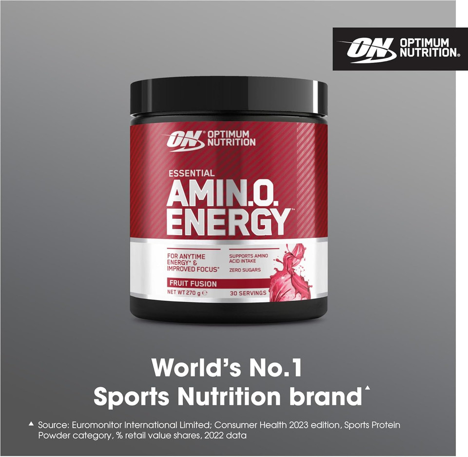 Optimum Nutrition Amino Energy Pre Workout Powder, Energy Drink with Amino Acids, BCAA, L-Glutamine and L-Leucine, Food Supplement with Vitamin C and Caffeine, Fruit Fusion Flavour, 30 Servings, 270 g