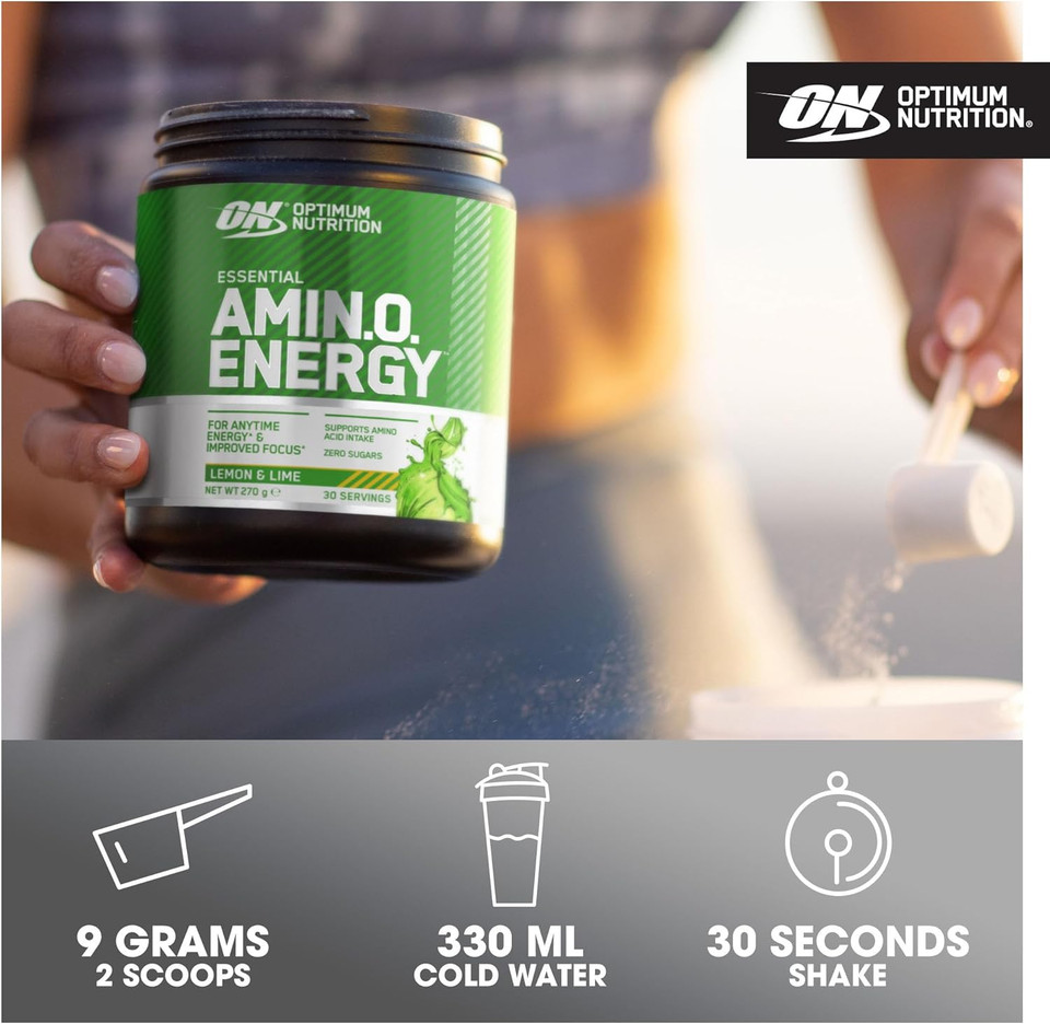Optimum Nutrition Amino Energy Pre Workout Powder, Energy Drink with Amino Acids, BCAA, L-Glutamine and L-Leucine, Food Supplement with Vitamin C and Caffeine, Fruit Fusion Flavour, 30 Servings, 270 g