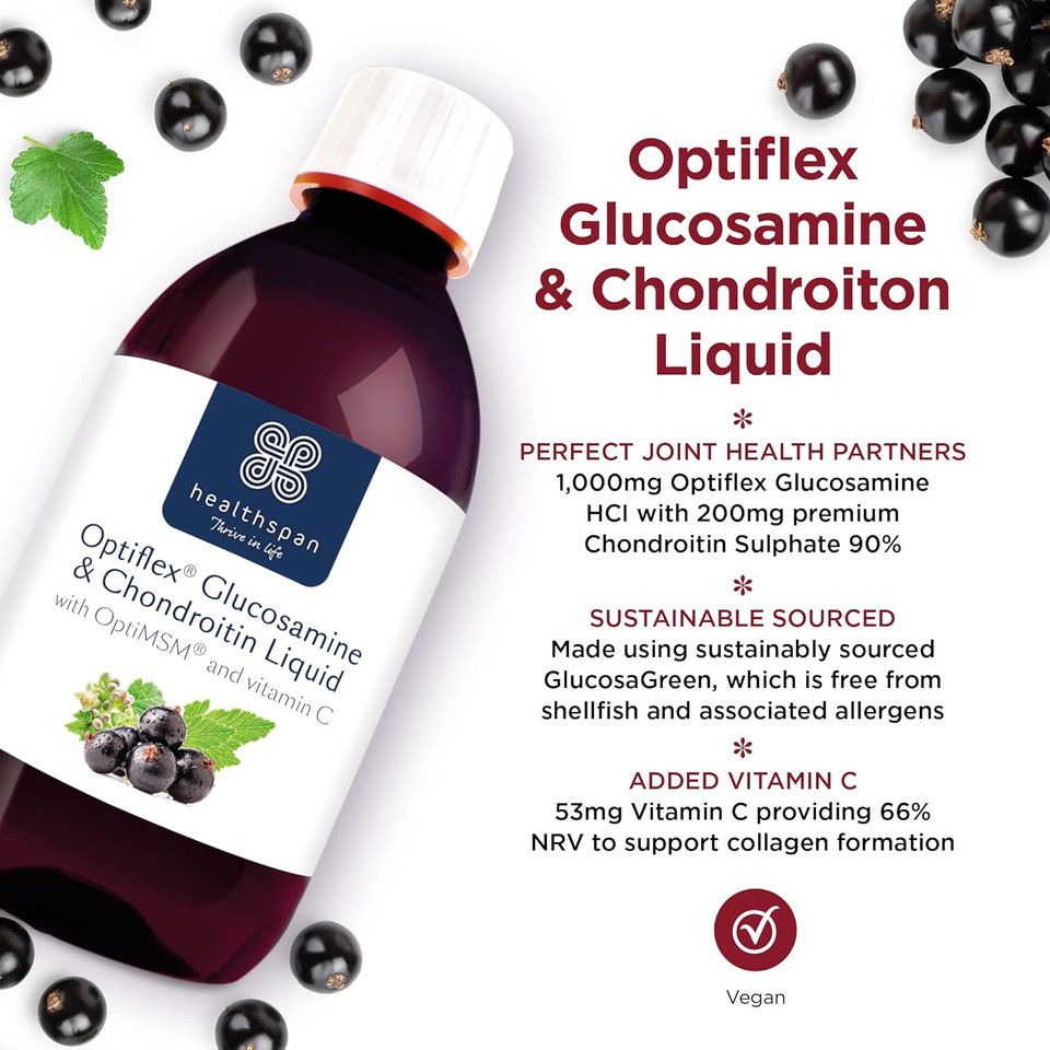 Healthspan Optiflex Glucosamine & Chondroitin Liquid (2X300Ml) | Cartilage Health & Collagen Formation | 1,000Mg Optiflex Glucosamine Hcl Per Serving | Blackcurrant Flavour | Shellfish & Gelatin Free