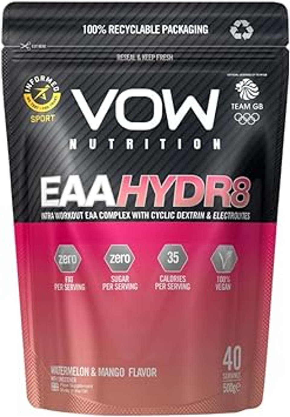 Vow Eaa Hydr8 - Essential Amino Acids, Electrolytes, Bcaas, Cyclic Dextrin Intra Workout Drink Informed Sports (Watermelon And Mango)