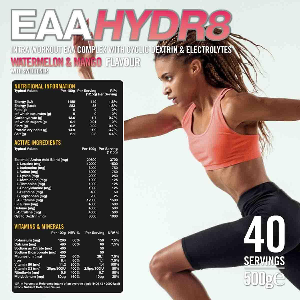 Vow Eaa Hydr8 - Essential Amino Acids, Electrolytes, Bcaas, Cyclic Dextrin Intra Workout Drink Informed Sports (Watermelon And Mango)