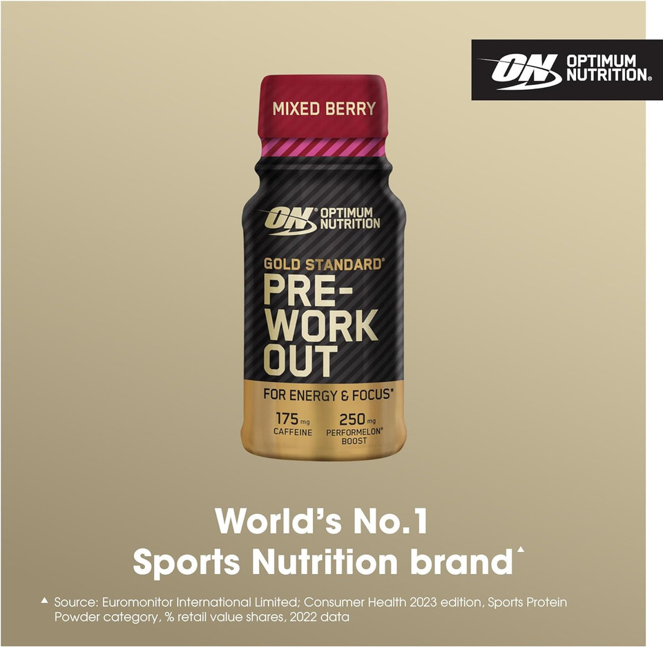 Optimum Nutrition Gold Standard Pre-Workout Energy Shot, Ready to Drink Food Supplement with Beta Alanine, Caffeine, PerforMelon Boost and Vitamin B6 and B12, Mixed Berry Flavour, 12-Pack, 12 x 60 ml