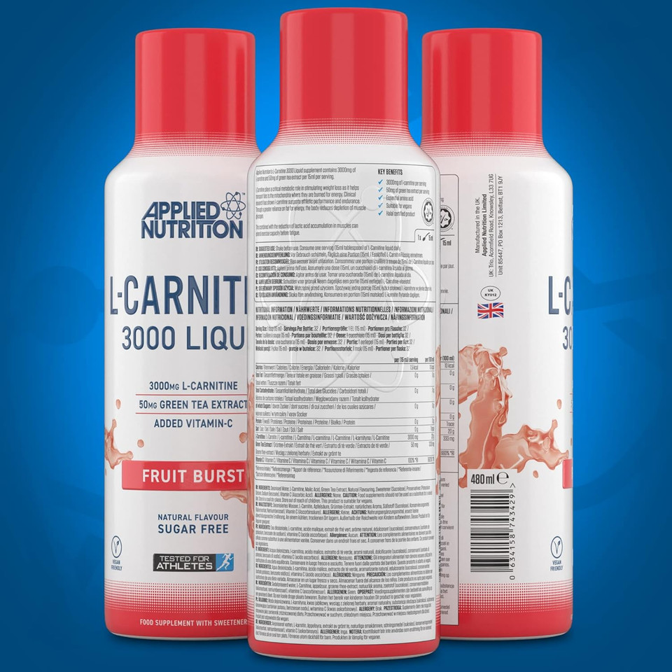 Applied Nutrition L Carnitine 3000 Liquid - L-Carnitine With Green Tea & Vitamin C, Boosts Energy & Weight Management, Vegan (480Ml - 32 Servings) (Fruit Burst)