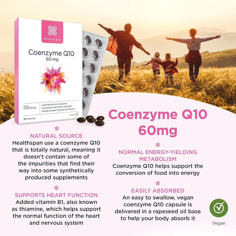 Healthspan Coenzyme Q10 60mg | 90 Capsules | Added Vitamin B | Sunflower Oil Base | Optimum Purity | Vegan