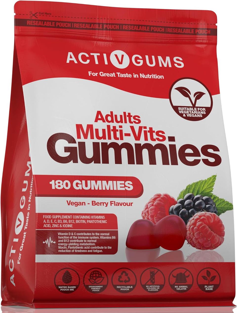 Adults Multi 180 Vegan Gummies. Resealable & Recyclable Pouch. Contains All 11 Essential Vitamins & Minerals A,D,E,C,B3,B6,B5,B12,Biotin,Zinc&Iodine. Suitable For Vegans & Vegetarians By Activgumsã¢Â®