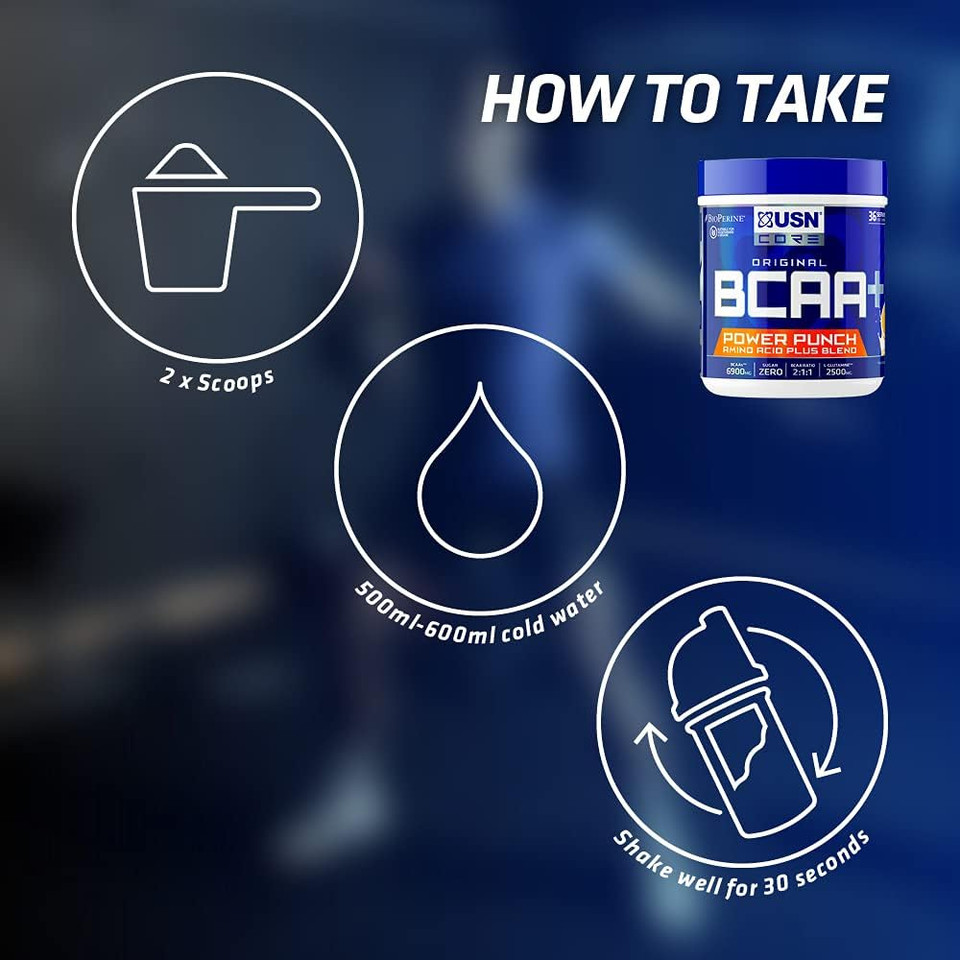 USN BCAA Power Punch Energy, Eaa's with Caffeine, Intra Workout Mango Orange, 36 Servings 400 g