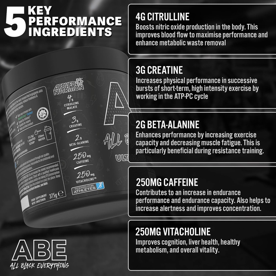Applied Nutrition Bundle Abe Pre Workout 375G + Abe Black Shaker | All Black Everything Pre Workout Powder, Energy Drink, Physical Performance, Creatine, Beta Alanine, Caffeine (Baddy Berry)