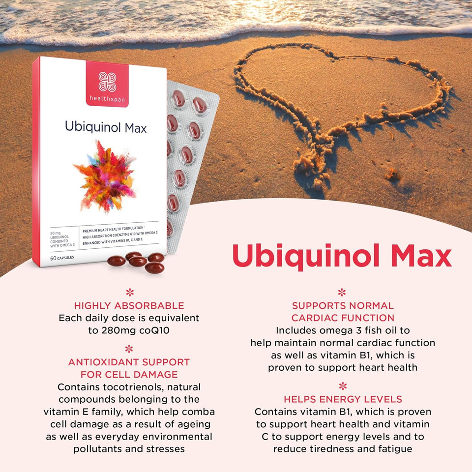 Healthspan Ubiquinol Max | 60 Capsules | with Vitamin C & Vitamin B1 | Tocotrienol Complex | Omega 3 Fish Oil | 280mg coQ10