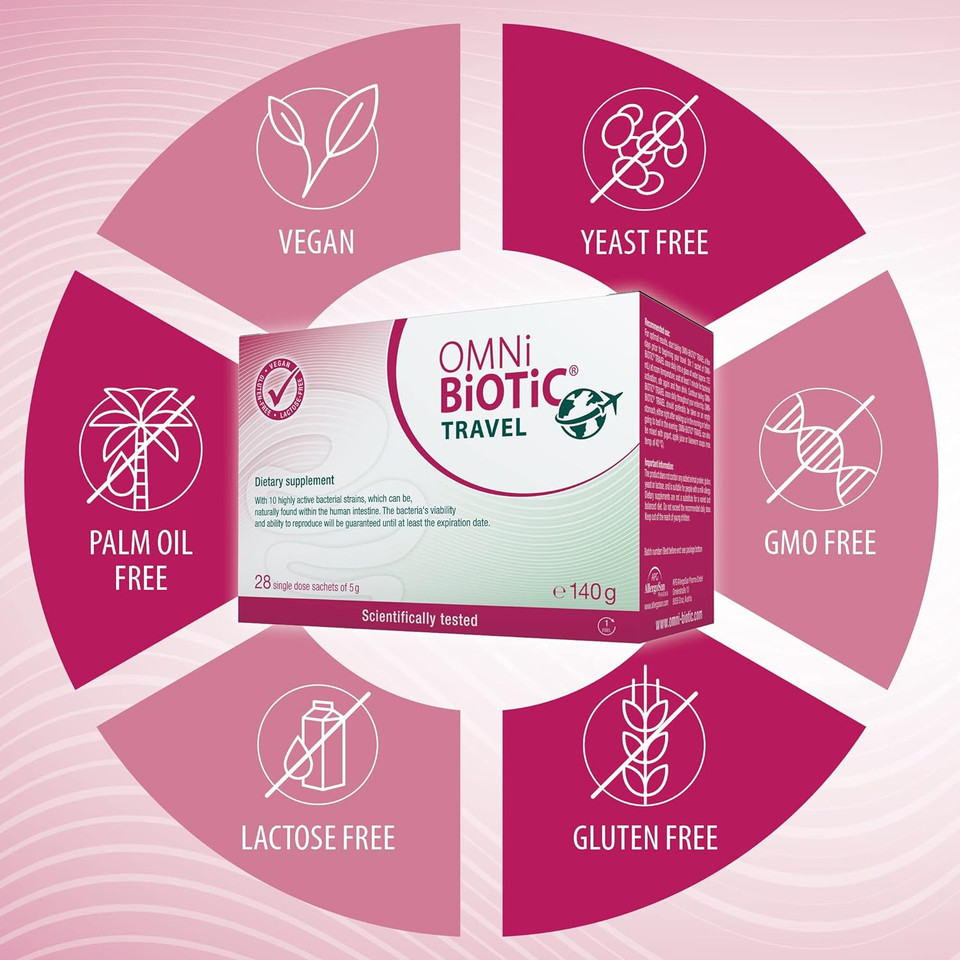 Omni Biotic Travel | 28 Sachets (140G) | 10 Bacterial Strains | 5 Billion Bacteria Per Daily Dose | Powder | Vegan | Gluten-Free | Lactose-Free | For Daily Use