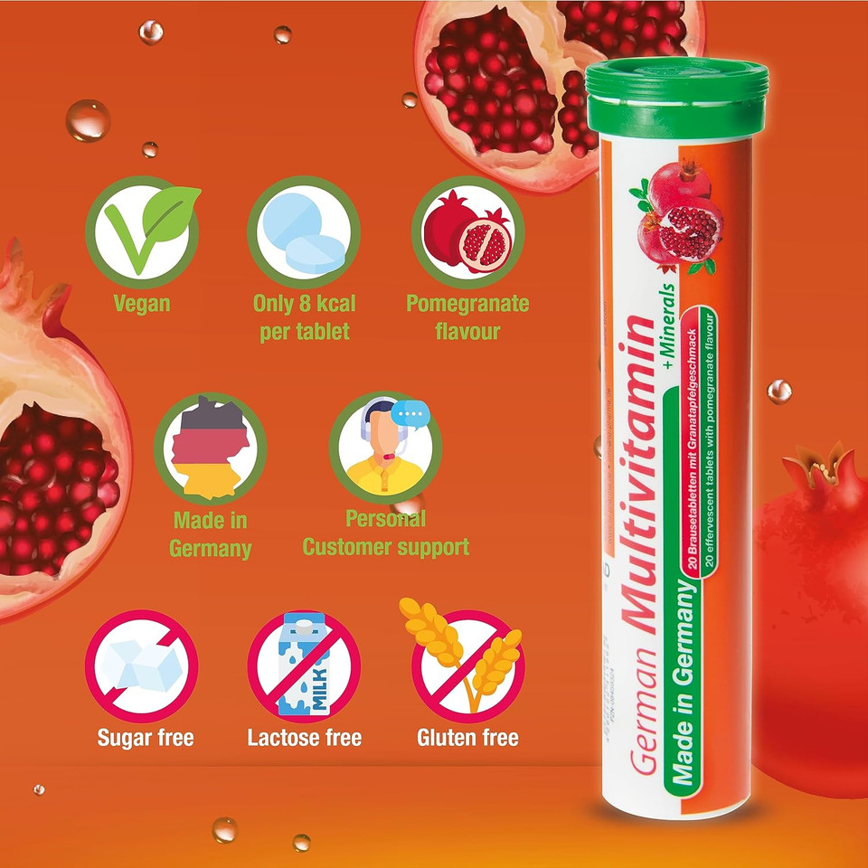 Multivitamin + Minerals - 12 X 20 Effervescent Tablets - Pomegranate Flavor - T&D Pharma German Multivitamin + Minerals - Made In Germany